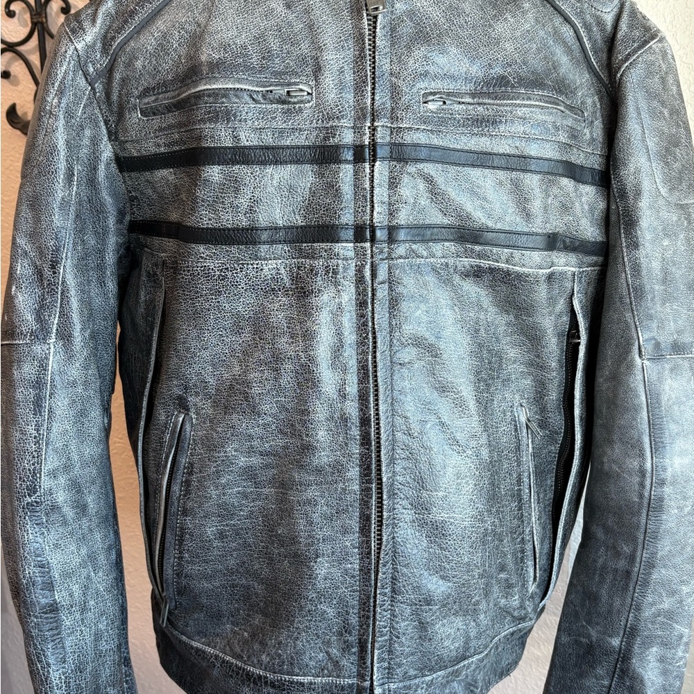 Unik Distressed Gray Leather Bomber Motorcycle Jacket men Sz L - Picture 3 of 16